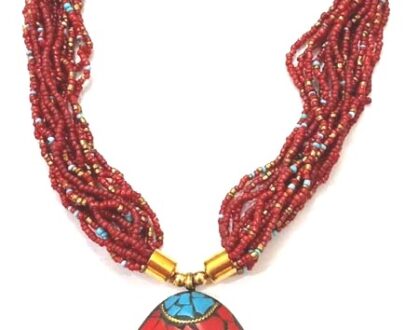 Seed Bead Necklace with Nepali Brass Pendant in Red