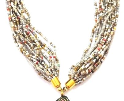 Trendy Seed Bead Necklace with Nepali Brass Pendant in White