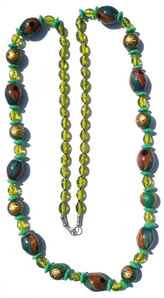 Bright Long Glass & Wood Bead necklace in Green