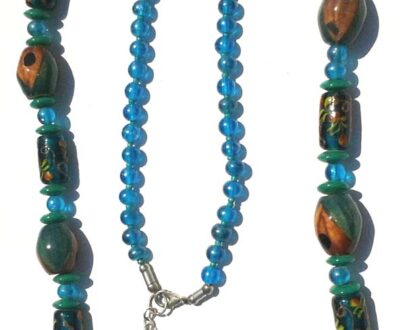 Bright Long Glass Bead necklace in Blue and Green