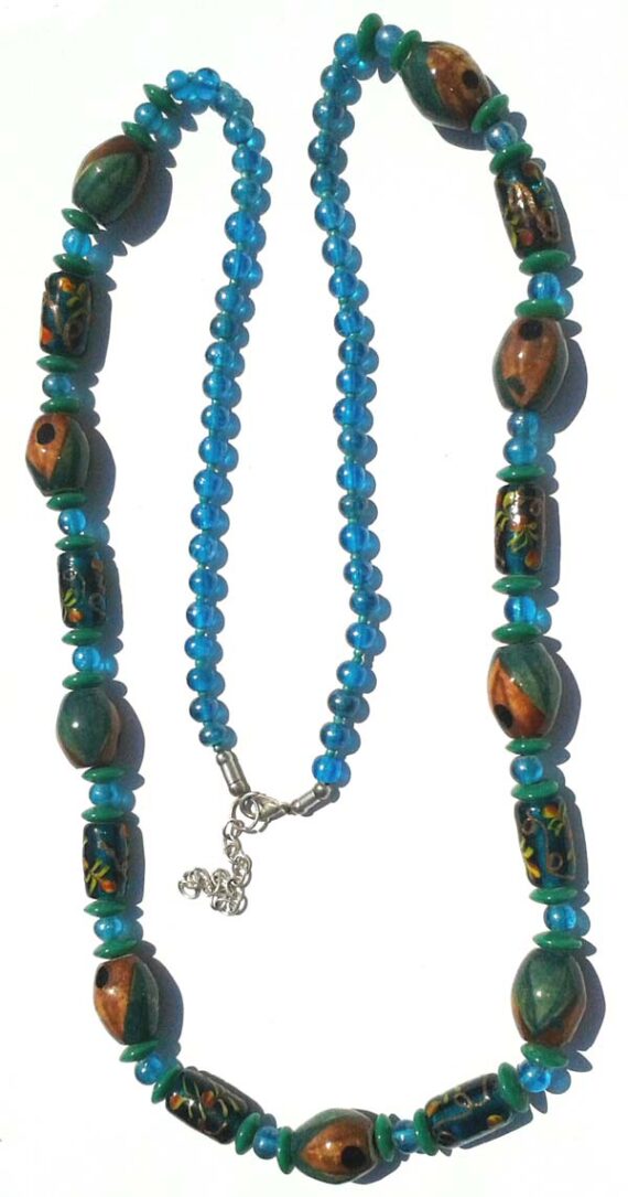 Bright Long Glass Bead necklace in Blue and Green