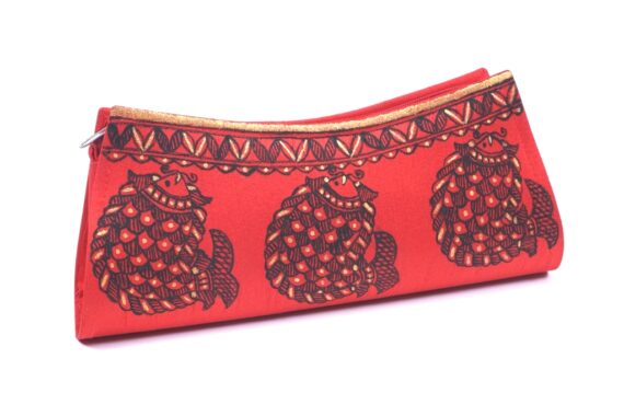 Hand Painted Madhubani Silk Clutches With Fish Motif