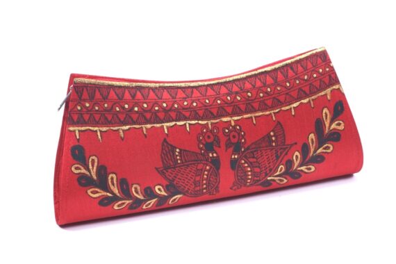 Hand Painted Madhubani Silk Clutches with Peacock Design