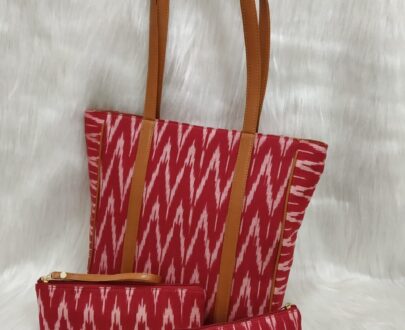 Ikkat Tote Bag With Pouch And Purse Set in Maroon