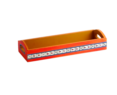 Trendy Wood Tray With Warli Painting in Orange