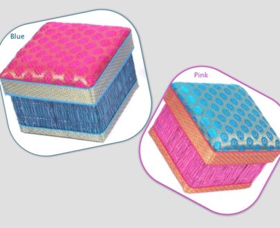 Kora Grass Box With Banarasi Brocade Lid - Blue Pink