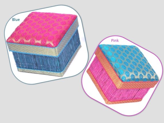 Kora Grass Box With Banarasi Brocade Lid - Blue Pink