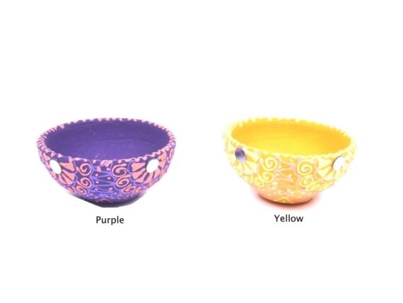 Pastel Painted Terracotta Diya - Purple-Yellow