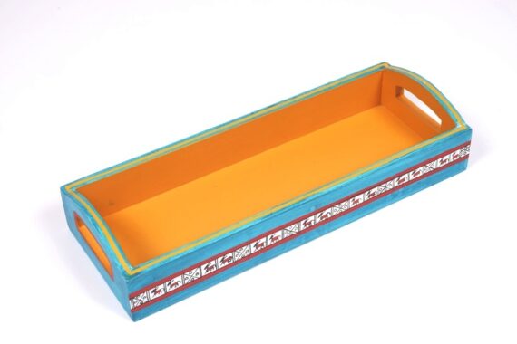 Trendy Wood Tray With Warli Painting in Ocean Blue