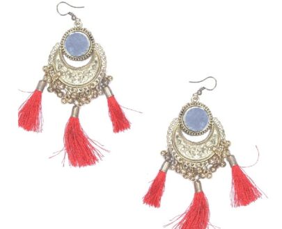 Ethnic Mirror With Tassel Brass Earrings in Red