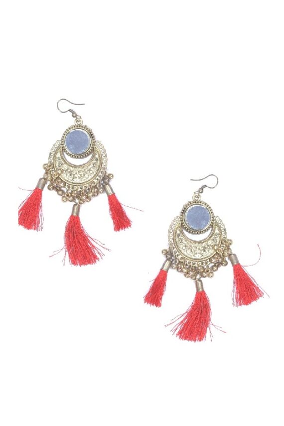 Ethnic Mirror With Tassel Brass Earrings in Red