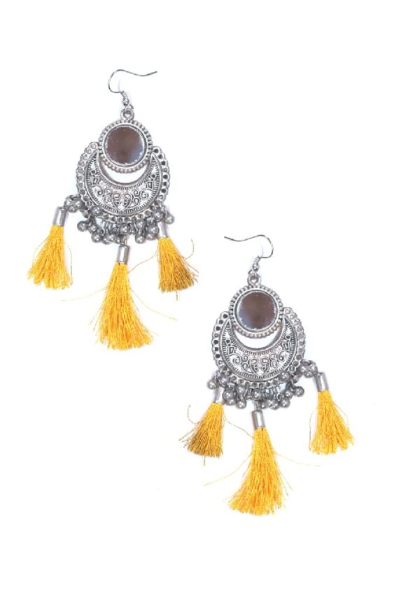 Ethnic Mirror With Tassel Earrings in Yellow