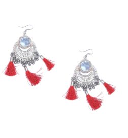 Ethnic Mirror With Tassel Earrings in Red