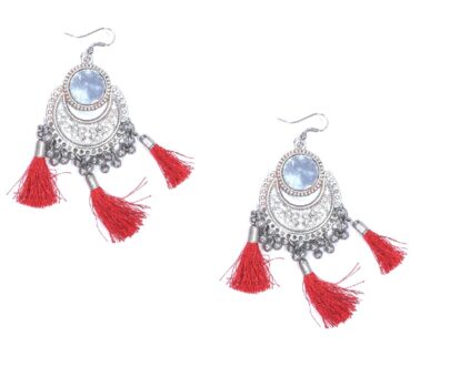 Ethnic Mirror With Tassel Earrings in Red