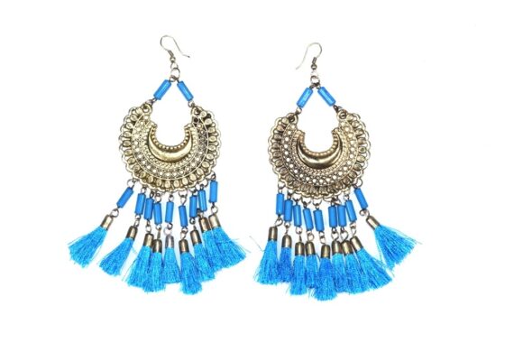 Trendy Long Tassel Brass Earrings Blue