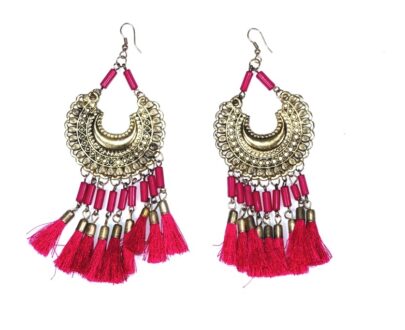 Trendy Long Tassel Brass Earrings in Dark Pink