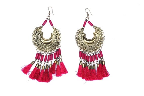 Trendy Long Tassel Brass Earrings in Dark Pink