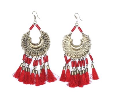 Trendy Long Tassel Brass Earrings in Red