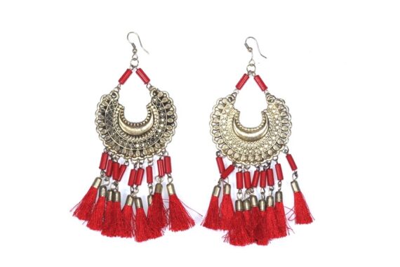 Trendy Long Tassel Brass Earrings in Red