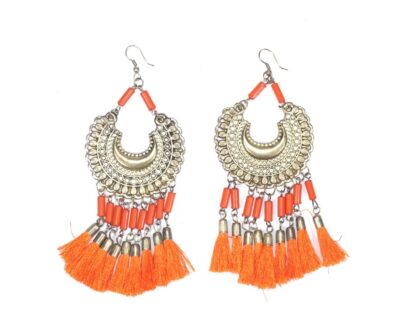 Trendy Long Tassel Brass Earrings in Orange