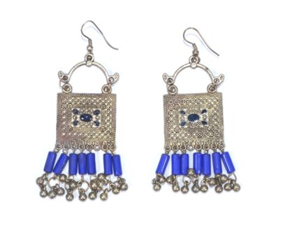 Afghani Metal Earrings With Royal Blue Beads