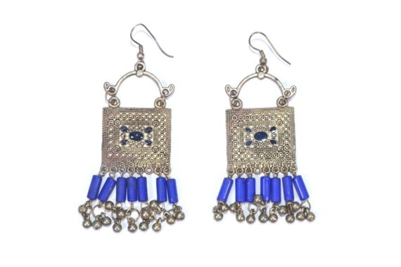 Afghani Metal Earrings With Royal Blue Beads