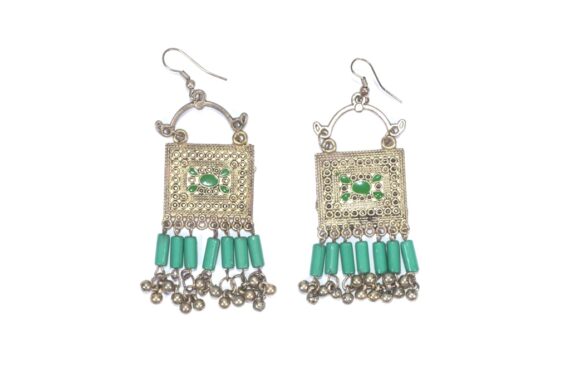 Afghani Metal Earrings With Green Beads