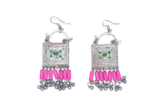 Afghani Metal Earrings With Pink Beads