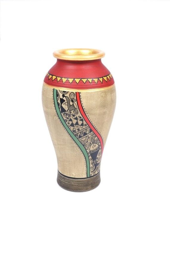 Terracotta vase with Warli painting