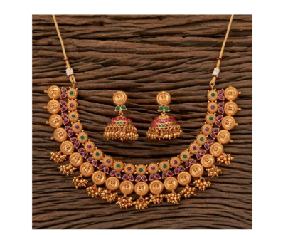 Antique South Indian Coin Necklace With Matte Gold Plating